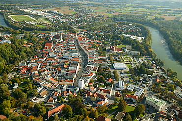 Aerial view of the historic centre of Muehldorf am Inn, Upper Bavaria, Bavaria, Germany, Europe