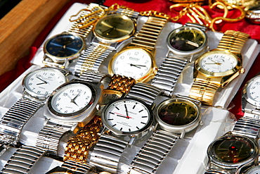 Watches sold at a market stand, Simonis Market, Muehldorf am Inn, Bavaria, Germany