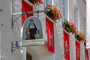 Festively decorated house fronts for the Corpus Christi procession, Muehldorf am Inn, Upper Bavaria, Germany, Europe