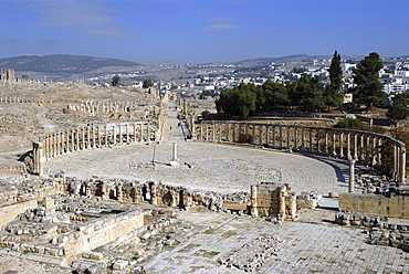 The oval forum and the south end of the cardo maximus (main street) of Jerash, the ancient Gerasa, Jordan