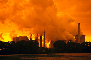 Brown coal power plant in evening light, emissions, North Rhine-Westphalia, Germany, Europe