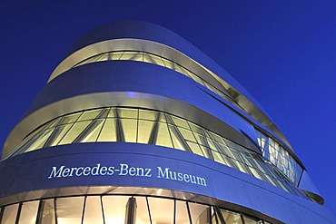 Mercedes Museum at night, Stuttgart, Baden-Wuerttemberg, Germany, Europe