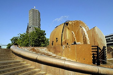 Breitscheidplatz Square with the Wasserklops Fountain in front of the Kaiser Wilhelm Gedaechniskirche, Memorial Church, Berlin, Germany, Europe