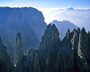 Guglia di Brenta, Campanile Basso and Mt. Cima Tosa (Brenta Group) on the left and to the right in the background Mt. Adamello, Dolomites, Italy, Europe