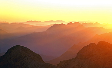 Panoramic view of sunrise on Mt. Zugspitze, Upper Bavaria, Bavaria, Germany, Europe