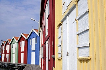 Famous colourful boathouses in the harbour of Smoegen in Sweden - Smoegenbryggan, Smoegen near by Kungshamn, Bohuslaen, Vaestra Goetalands, Vaestergotland, Skagerrak, Sweden, Skandinavia, Europa