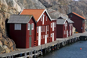 Famous colourful boathouses in the harbour of Smoegen in Sweden - Smoegenbryggan, Smoegen near by Kungshamn, Bohuslaen, Vaestra Goetalands, Vaestergotland, Skagerrak, Sweden, Skandinavia, Europa