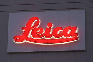 Illuminated advertising of Leica company office in Wetzlar, Hesse, Germany