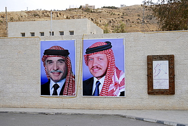 Portraits of King Hussein I and his son, King Abdullah II, Wadi Musa, Petra, Jordan, Middle East, Asia