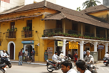 Street in Panaji or Panjim with colonial architecture, typical Goan style, Goa, India