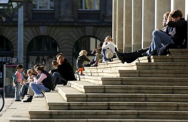 In front of the Opera house at the Augustus square. Entrance, stairs, Leipzig, Saxony, Germany