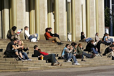 In front of the Opera house at the Augustus square. Entrance, stairs, Leipzig, Saxony, Germany