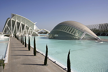 ESP, Spain, Valencia : Ciudad de las Artes Y de las Ciencias, City of arts and sciences. L'Hemisferic und Museo de las Ciencias Principe Filipe