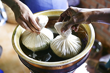 Massage technique using herb pouches, Somatheeram Ayurveda Resort, traditional Ayurvedic medicine spa resort in Trivandrum, Kerala, India, Asia