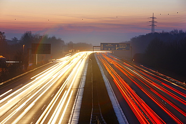 Autobahn (Motorway) A2 at dusk, Bottrop, North Rhine-Westphalia, Germany, Europe