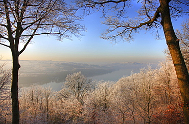 Frost-covered winter landscape and Lake Baldeney in Essen, North Rhine-Westphalia, Germany, Europe