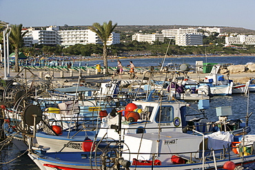 Fishing port, tourist hotels, beach at Ayia Napa, Cyprus, Europe