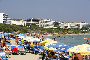 Tourist hotels, tourists on the beach at Ayia Napa, Cyprus, Europe