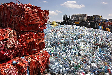 Plastic recycling, PET bottles and plastic rubbish are shredded and pressed, Essen, North Rhine-Westphalia, Germany, Europe