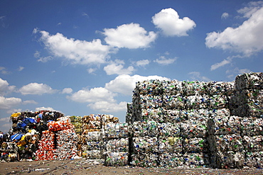 Plastic recycling, PET bottles and plastic rubbish are shredded and pressed, Essen, North Rhine-Westphalia, Germany, Europe