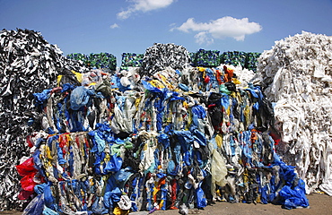 Plastic recycling, PET bottles and plastic rubbish are shredded and pressed, Essen, North Rhine-Westphalia, Germany, Europe