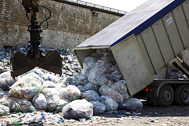 Plastic recycling, PET bottles and plastic rubbish are shredded and pressed, Essen, North Rhine-Westphalia, Germany, Europe