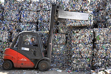 Plastic recycling, PET bottles and plastic rubbish are shredded and pressed, Essen, North Rhine-Westphalia, Germany, Europe