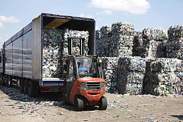 Plastic recycling, PET bottles and plastic rubbish are shredded and pressed, Essen, North Rhine-Westphalia, Germany, Europe