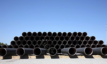 Steel pipes at the temporary storage facility for the Baltic Sea pipeline, which will transport gas from the Russian town Wyborg to Greifswald, beginning in 2012, Sassnitz, Ruegen Island, Mecklenburg-Western Pomerania, Germany, Europe