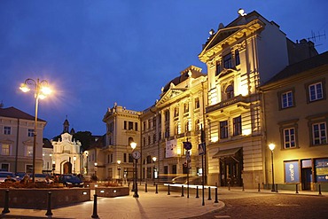 Illuminated building of the National Philharmonic Concert Hall in the historic city centre of Vilnius, Lithuania, Baltic States, Northeastern Europe