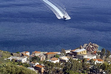 Hydrofoil ahead the port of Stromboli, Liparian Islands, Sicily, province of Messina, Italy