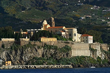 Castle hill with church of Lipari, main village of Lipari, Liparian Islands, Sicily, province of Messina, Italy