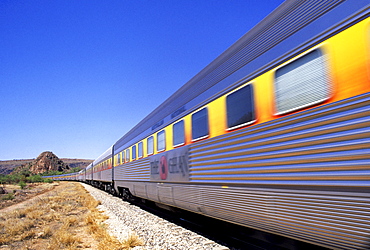 The Ghan"on the railway section close to Alice Springs, Red Centre, Northern Territory, Australia