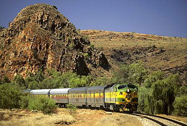 Train of the railway line 'The Ghan' near Alice Springs, Red Centre, Northern Territory, Australia