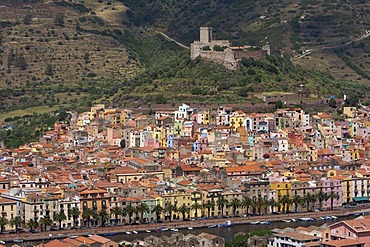 View over the historic city centre of Bosa with fortress, Sardinia, Italy, Europe