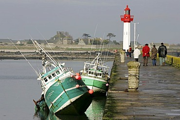 FRA, France, Normandy: Fishing boats in the port of St. Vaast La Hougue, at low tide. Behind, the small island of Tatihou.