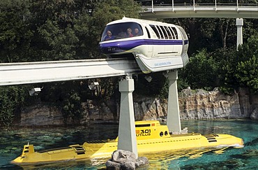 USA, United States of America, California: Disneyland, with an U-boat through an artificial lagoon in Tomorrowland.