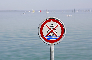 No swimming sign on Lake Constance, Baden-Wuerttemberg, Germany, Europe