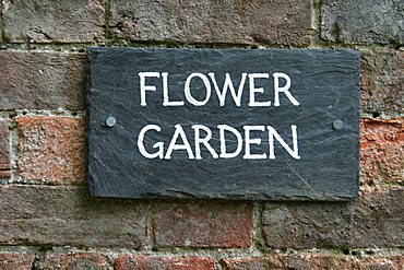 Sign "Flower Garden", The Lost Gardens of Heligan, Pentewan, St. Austell, Cornwall, Great Britain