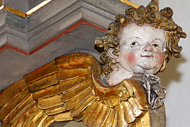 Cherub on altar of Heiligkreuztal Cathedral, Riedlingen, Upper Swabia, Baden-Wuerttemberg, Germany, Europe