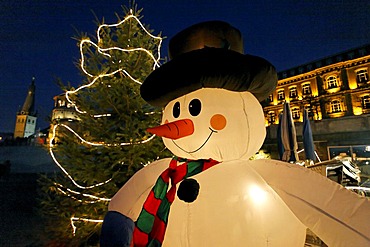 Inflatable lit up snowman at the old part of Duesseldorf, NRW, Germany,