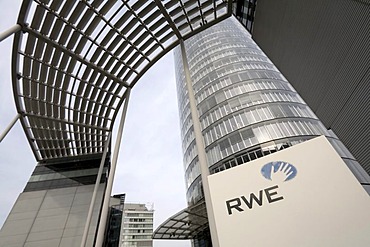 RWE company sign in front of the RWE Tower, called Power Tower, the headquarters of Germanys biggest electricity supplier, Essen, NRW, Germany