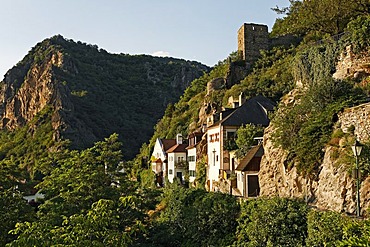 Watchtower and historic houses, Duernstein, Wachau, Lower Austria, Austria