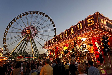 Ferris wheel and Good Luck House, Rhine fair, Duesseldorf, NRW, Germany