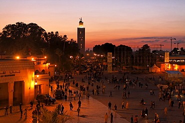 Sunset at Djemaa el-Fna, Koutoubia view, Marrakech, Morocco, Africa