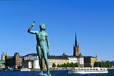 Statue, city hall in background, Riddarholmen, Stockholm, Sweden, Scandinavia