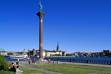 Column, city hall in background, Riddarholmen, Stockholm, Sweden, Scandinavia