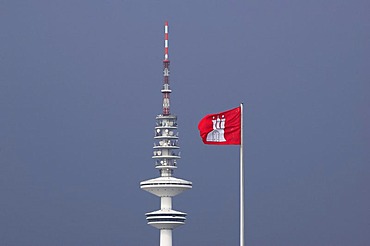 Flag of the city of Hamburg in front of the television tower in Hamburg, Germany