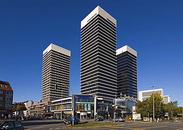 Towers of Mundsburg Center in Hamburg rise into the blue sky, Germany