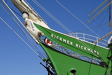 Bow and figurehead of historic sail ship Rickmer Rickmers at Hamburg Harbour, Hamburg, Germany